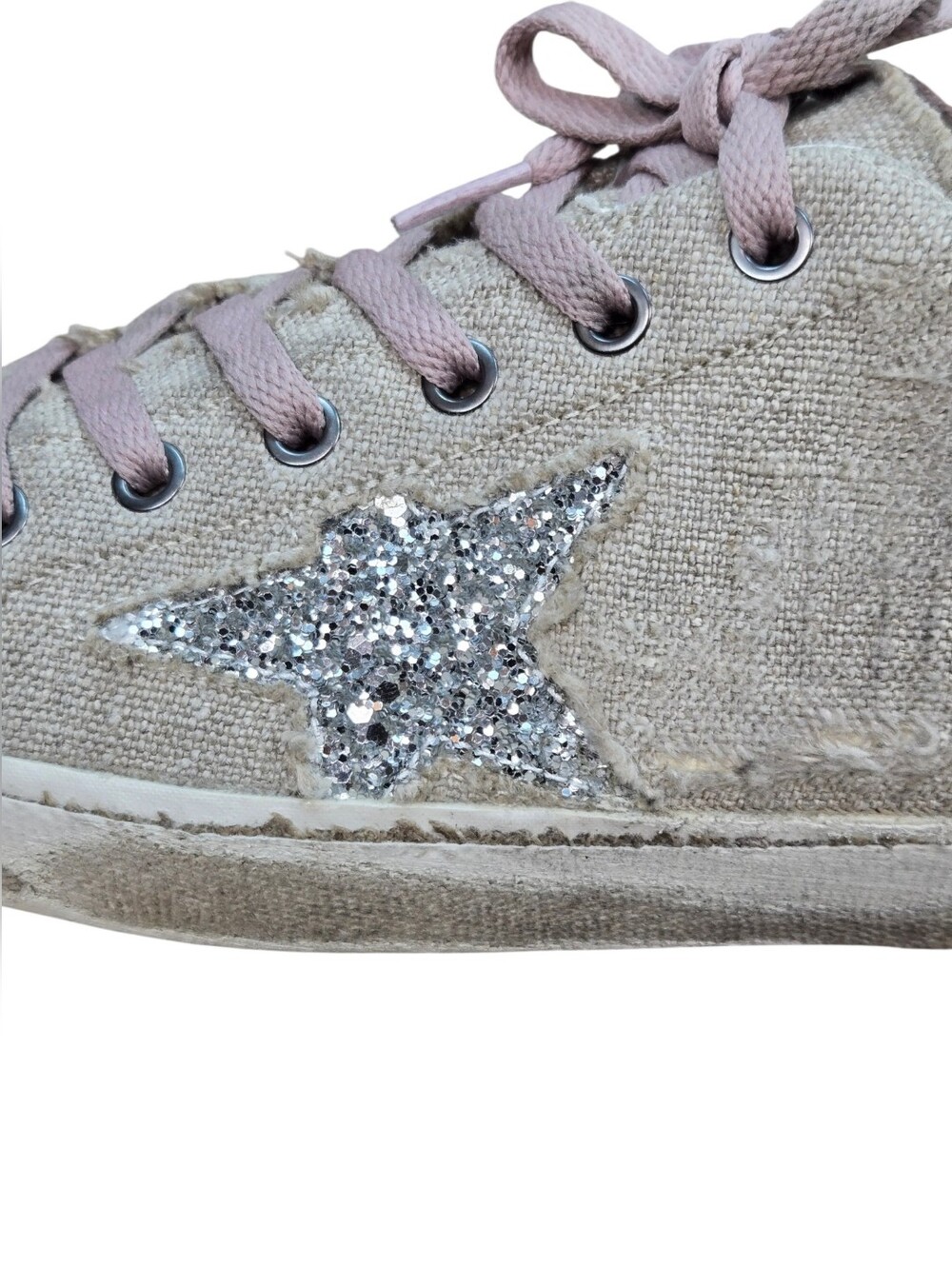 Golden Goose Superstar Distressed Linen Glitter Star Sneakers Pink Laces EU 40 - Picture 4 of 16